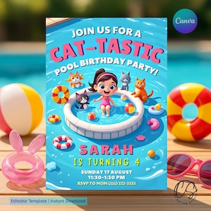 Cat Pool Party Invitation: Gabby Style Birthday, Editable Canva Template (Digital Download)