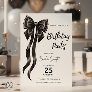 Black Bow Birthday Invitation: Coquette Party, Editable Canva Template (Digital Download)