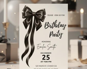 Black Bow Birthday Invitation: Coquette Party, Editable Canva Template (Digital Download)