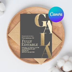 Editable Gala Invitation, Gala Party, Corporate Invite, Fundraiser, Business Invitation, Business Anniversary, Black and Gold, Printable