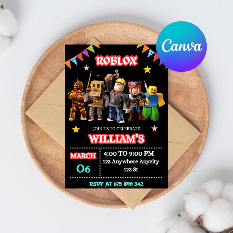 Editable Roblox Birthday Invitation Template: Game Party Invite (canva ...