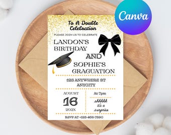 Gold Glitter Celebration Invitation – Birthday & Graduation Party Evite, Double Celebration Template, 5x7” Canva PDF