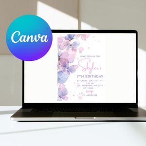 Purple butterfly party invitations showing violet butterfly and wildflower birthday elements for girls celebration, editable Canva format