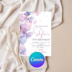 Simple butterfly invitation template showing editable features for 1st birthday party with purple butterfly and wildflower theme