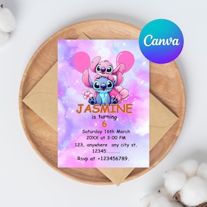 Cartão de convite de aniversário Stitch e Angel, convite de aniversário Lilo e Stitch, convite havaiano Stitch para aniversariante, convite de aniversário infantil
