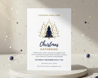 May include: A white invitation card with gold and navy blue Christmas tree graphics. The text reads "Christmas Gathering" with event details. The card is on a white pedestal with scattered blue ornaments.