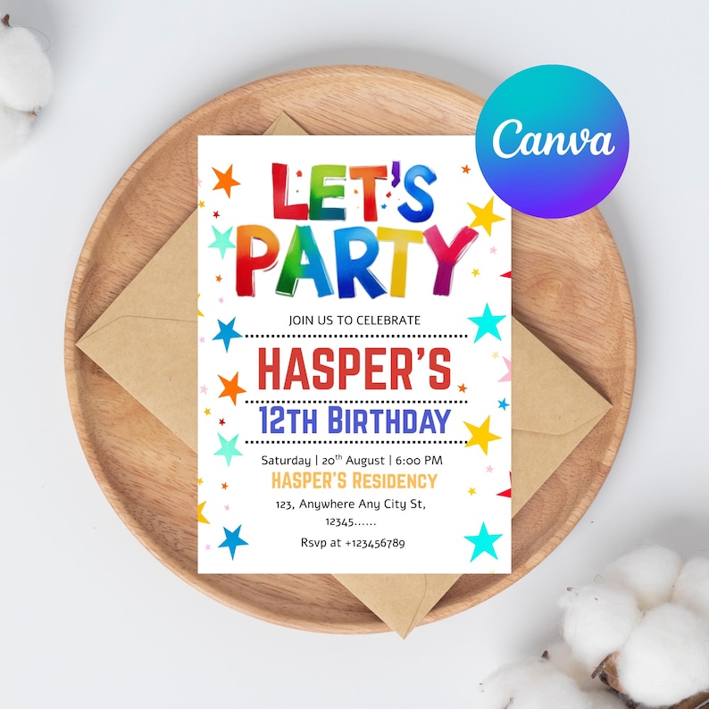 Colorful Birthday Party Invitation: Editable Canva Template (5x7