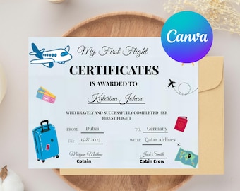 Editable First Flight Certificate Template: Kids Airplane Souvenir (PDF Download)