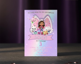 Bearbeitbare Gabbys Puppenhaus-Geburtstagseinladungsvorlage - Kinder druckbare Party Evite, 5x7 ”PDF Digital Download