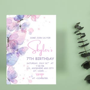 Blue butterfly invitation for 7th birthday with digital flyer layout, printable butterfly design with sky blue accents and flower borders