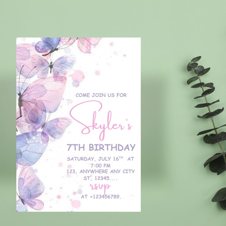 Blue butterfly invitation for 7th birthday with digital flyer layout, printable butterfly design with sky blue accents and flower borders