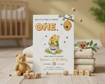 Honig Bär 1. Geburtstagseinladung | Bienenthema, bearbeitbare Canva-Vorlage (digitaler Download)