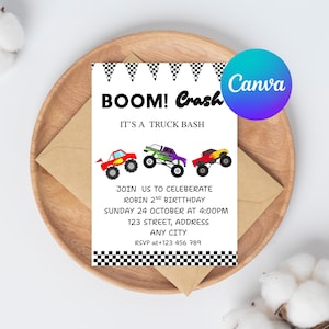 Monster Truck Birthday Invitation | Editable Canva Template | Boys 2nd Birthday Invite | Monster Jam Party | Watercolor Trucks Theme