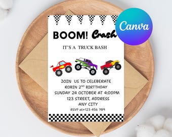 Monster Truck Birthday Invitation: Watercolor Theme (Canva Template - Digital Download
