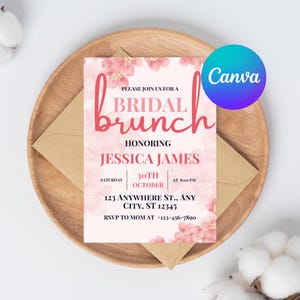 Pink Floral Bridal Brunch Invitation – Editable Shower Evite, Bright Flower Party Template, Digital Download