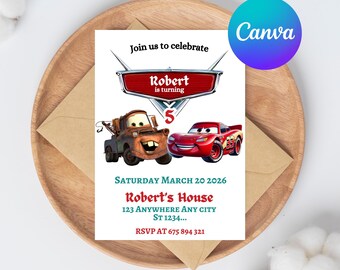 Lightning McQueen-Geburtstagseinladung: Autos-Thema, bearbeitbare Canva-Vorlage (Digitaler Download 5x7 ")"