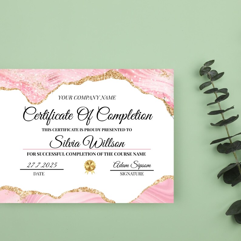 May include: A certificate of completion with a pink and gold design. The certificate includes the text "Certificate Of Completion" and "Silvia Willson". The date is 27.7.2025.