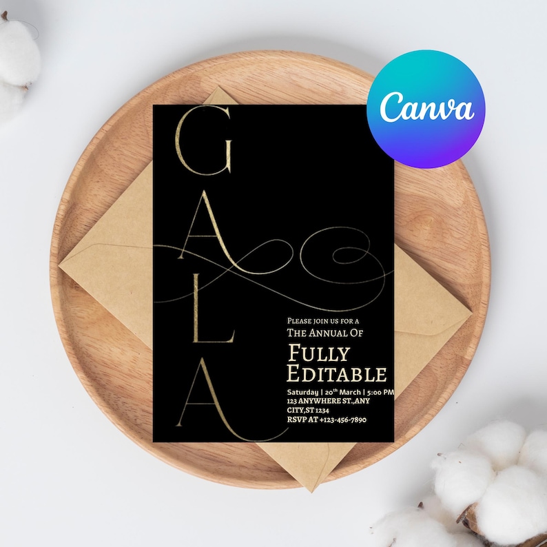 May include: Black invitation card with gold text that reads "GALA" and event details. The card is on a wooden plate with a brown envelope. The Canva logo is in the upper right corner.