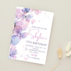 Flower and butterfly invitation design featuring pastel butterflies and floral elements, customizable text fields for birthday party details