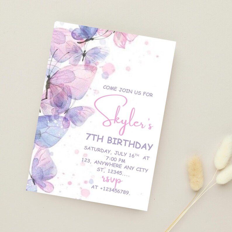 Flower and butterfly invitation design featuring pastel butterflies and floral elements, customizable text fields for birthday party details