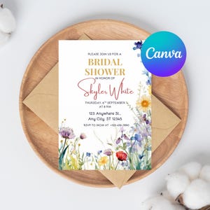 Boho Floral Bridal Shower Invitation – Wildflower Theme, Editable Canva Template, Printable Digital Download