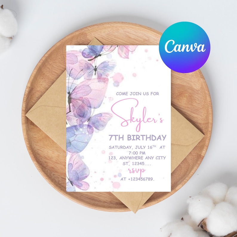 Blue purple pink butterfly birthday invitation editable Canva template with wildflower accents for girls party, shown as 5x7 printable PDF digital download