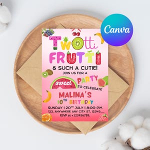 Two-tti Frutti Birthday Invitation – Tropical Fruit Party Evite, Editable Canva Template, Summer 2nd Birthday Digital Download