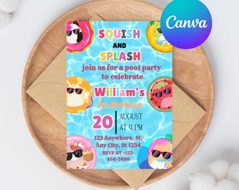 Squish and Splash Birthday Invitation | Squishmallow Pool Party Invite | Editable Template | Girl Birthday Invitation | Instant Download