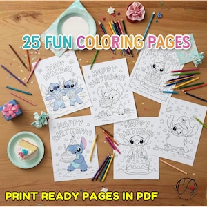 Könnte beinhalten: Ausmalbilder mit der Figur Stitch, mit dem Text "Happy Birthday!" und "25 FUN COLORING PAGES". Buntstifte und ein Stück Kuchen sind ebenfalls vorhanden, alles auf einer Holzoberfläche angeordnet.