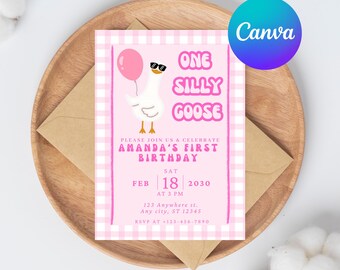 Silly Goose 1st Birthday Invitation Template: Girl Party (Digital Download)