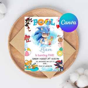 Editable Sonic Pool Party Birthday Invitation, Sonic Canva Template, Sonic Birthday Invite for boys, Summer Party Digital Template