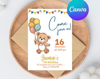 Zaproszenie na pierwsze urodziny Beary: Niebieski Miś na imprezę (szablon Canva do pobrania w wersji cyfrowej)