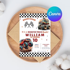 Monster Truck Birthday Invitation Template – Editable Party Evite for Kids, Printable Canva Design, Instant Digital Download