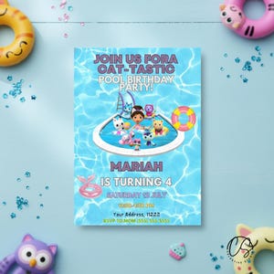 Invito per la festa in piscina nella casa delle bambole di Gabby: modello Canva modificabile (5 x 7 pollici, download digitale)