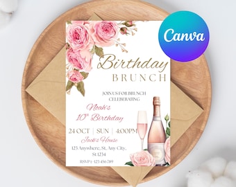 Birthday Brunch Editable Invitation Pink Peach Floral Invite for Her, Brunch Invitation Birthday Brunch Flyer Birthday Canva Template