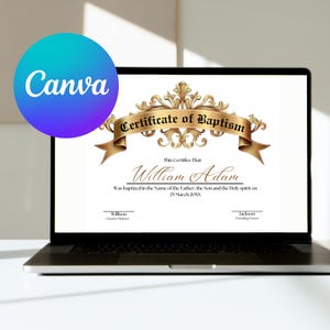 Editable Baptism Certificate Template, Printable Certificate Of Baptism, Custom Baby Baptism Certificates, Canva Church Template