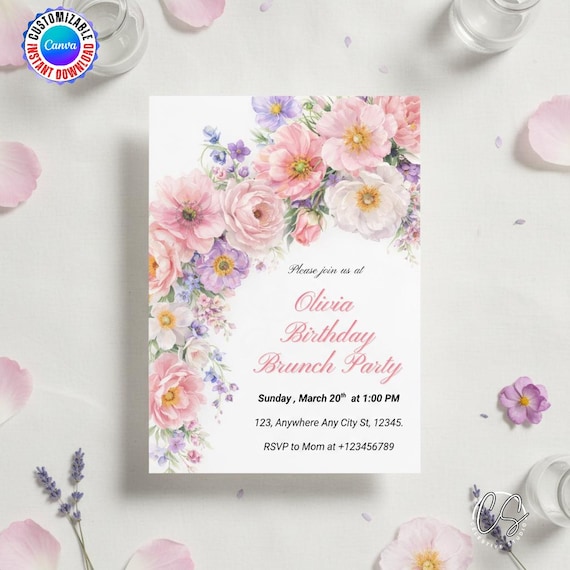 Editable Wildflower Birthday Brunch Invitation Template: Boho Floral (Digital Download 5x7" PDF)
