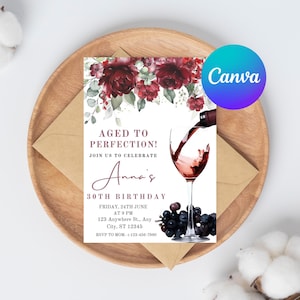 Editable Aged to Perfection Invitation, Wine Birthday Invitation, Winery Invitation, Fine Like Wine, Floral, Printable or Text Invite