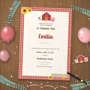 Invito di compleanno a tema fattoria, set per festa a tema fattoria, giochi per feste a tema animali della fattoria, bingo, quiz, decorazioni per cupcake, Canva modificabile, spagnolo e inglese
