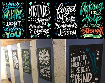 4 "Mistakes Happen" Bathroom Stall Vinyl Decals InSTALLing Inspiration Uplifting Motivational Murals for Schools 20"x30" Stickers for Walls