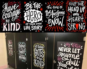 InSTALLing Inspiration - 4 Red Bathroom Stall Vinyl Decals | Uplifting Motivational Kindness Murals for Schools 20"x30" Stickers for Walls