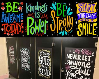 4 Bathroom Stall Vinyl Decals for Elementary Schools  | InSTALLing Inspiration Positive Messages for Kindergarten 20"x30" Stickers for Walls