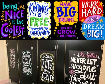 4 Bathroom Stall Vinyl Stickers for Elementary Schools  | InSTALLing Inspiration Kindness Project for Kindergarten 20"x30" Decals for Walls