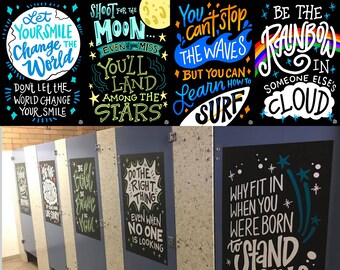 4 "Earth Moon & Stars" Bathroom Stall Vinyl Decals  | InSTALLing Inspiration Uplifting Murals for Schools | 20"x30" Stickers for Walls