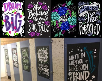 4 "Girl Power" Bathroom Stall Vinyl Decals  | InSTALLing Inspiration Kindness Project for Schools | 20"x30" Stickers for Walls & Doors