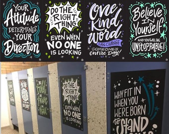 4 "Positive Kindness" Bathroom Stall Vinyl Decals | InSTALLing Inspiration Uplifting Murals for Schools | 20"x30" Stickers for Walls