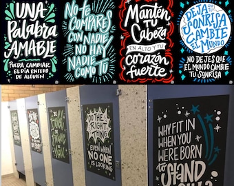 4 Spanish Bathroom Stall Vinyl Decals  | InSTALLing Inspiration Latino Murals for Español Schools | 20"x30" Hispanic Stickers for Walls