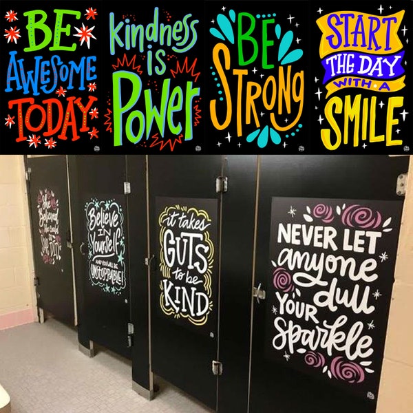 4 Bathroom Stall Vinyl Decals for Elementary Schools  | InSTALLing Inspiration Positive Messages for Kindergarten 20"x30" Stickers for Walls