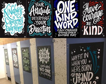 4 "Kind Attitude" Bathroom Stall Vinyl Decals | InSTALLing Inspiration Uplifting Murals for Schools | 20"x30" Positive Stickers for Walls
