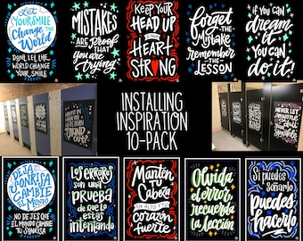 10 InSTALLing Inspiration  - Bilingual Bathroom Stall Vinyl Decals in English & Spanish | Motivational Mural Stickers for Schools | 20"x30"
